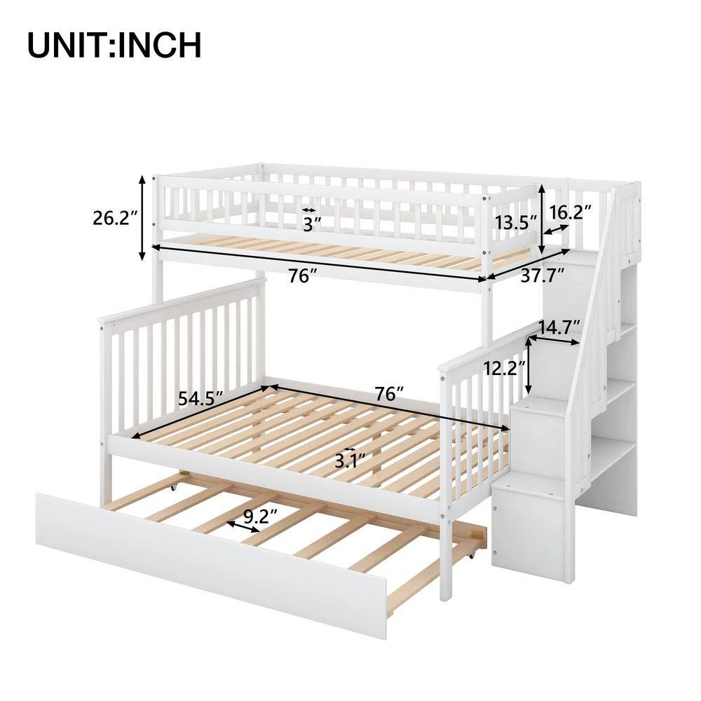 White Twin Over Full Kids Bunk Beds with Trundle and Stair, Detachable Wood Bunk Bed with Full-Length Guardrail by ANBAZAR 5 White Twin Over Full Kids Bunk Beds with Trundle and Stair, Detachable Wood Bunk Bed with Full-Length Guardrail by ANBAZAR - Image 5