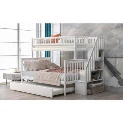 White Twin Over Full Kids Bunk Beds with Trundle and Stair, Detachable Wood Bunk Bed with Full-Length Guardrail by ANBAZAR 17 White Twin Over Full Kids Bunk Beds with Trundle and Stair, Detachable Wood Bunk Bed with Full-Length Guardrail by ANBAZAR -ANBAZAR Sales white anbazar bunk beds 01040anna k 31 1000