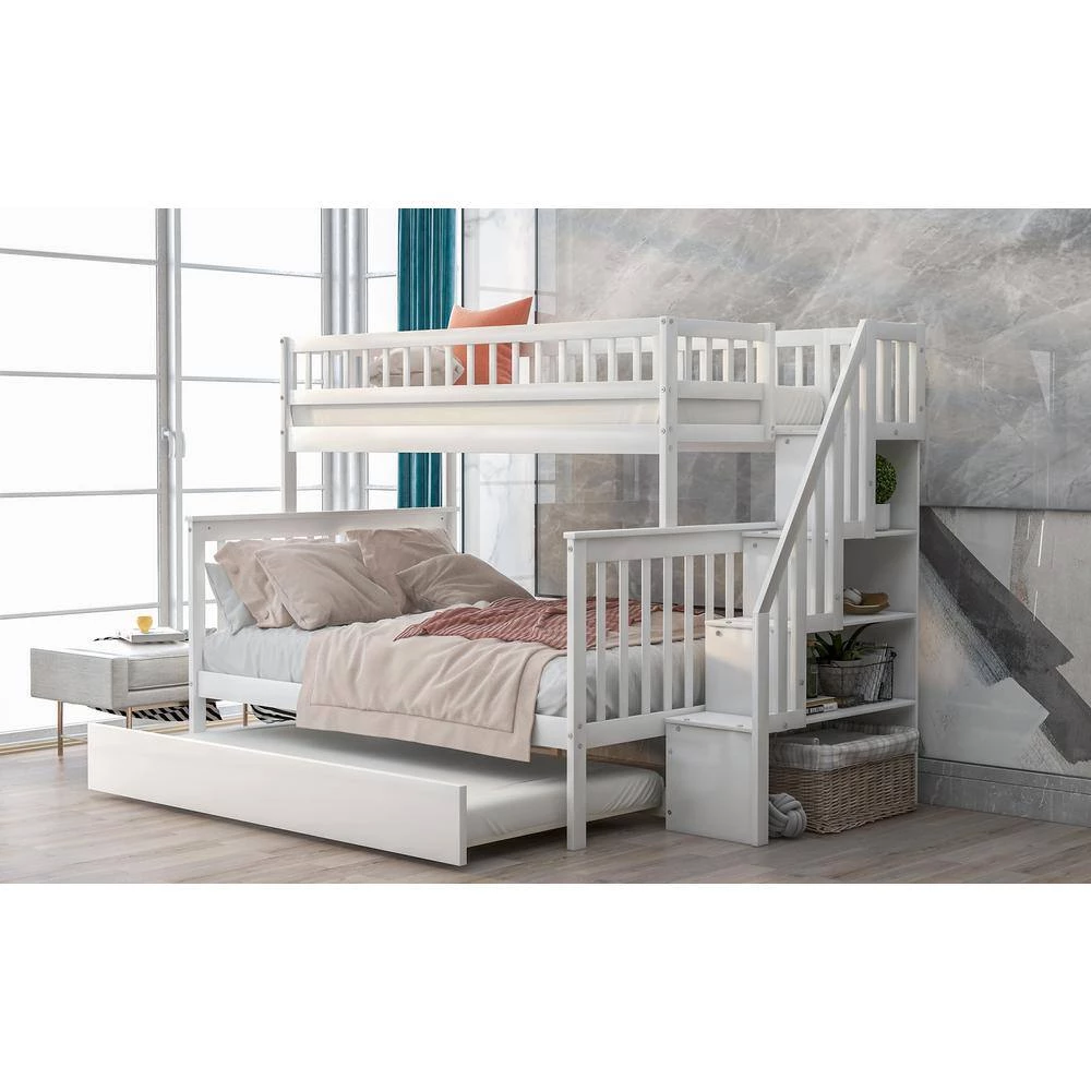 White Twin Over Full Kids Bunk Beds with Trundle and Stair, Detachable Wood Bunk Bed with Full-Length Guardrail by ANBAZAR 9 White Twin Over Full Kids Bunk Beds with Trundle and Stair, Detachable Wood Bunk Bed with Full-Length Guardrail by ANBAZAR - Image 9