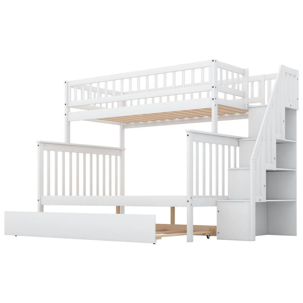 White Twin Over Full Kids Bunk Beds with Trundle and Stair, Detachable Wood Bunk Bed with Full-Length Guardrail by ANBAZAR 6 White Twin Over Full Kids Bunk Beds with Trundle and Stair, Detachable Wood Bunk Bed with Full-Length Guardrail by ANBAZAR - Image 6
