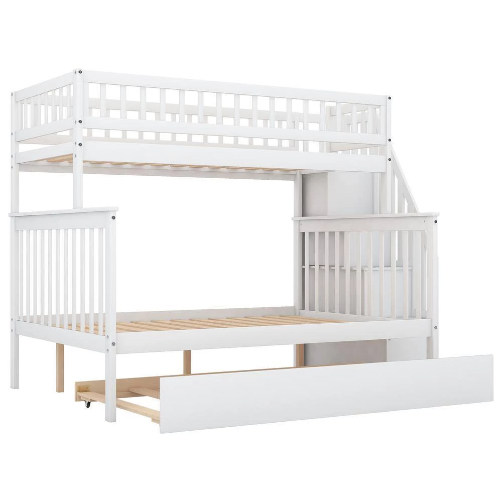 White Twin Over Full Kids Bunk Beds with Trundle and Stair, Detachable Wood Bunk Bed with Full-Length Guardrail by ANBAZAR 4 White Twin Over Full Kids Bunk Beds with Trundle and Stair, Detachable Wood Bunk Bed with Full-Length Guardrail by ANBAZAR - Image 4