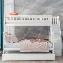 White Twin Over Full Kids Bunk Beds with Trundle and Stair, Detachable Wood Bunk Bed with Full-Length Guardrail by ANBAZAR