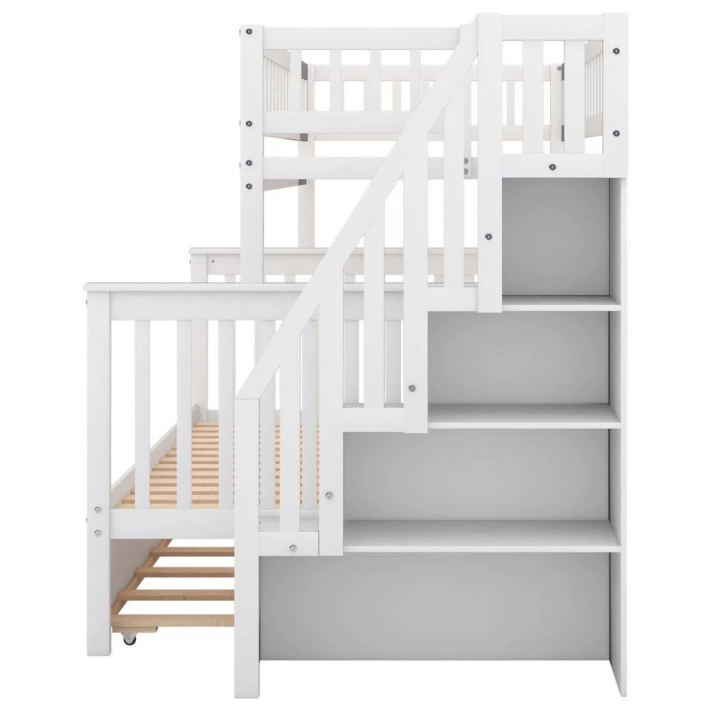 White Twin Over Full Kids Bunk Beds with Trundle and Stair, Detachable Wood Bunk Bed with Full-Length Guardrail by ANBAZAR 7 White Twin Over Full Kids Bunk Beds with Trundle and Stair, Detachable Wood Bunk Bed with Full-Length Guardrail by ANBAZAR - Image 7