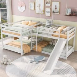White L-shaped Full and Twin Size Bunk Beds with Slide and Ladder, Double Wood Bunk Beds for 4 Kids and Teens by ANBAZAR -ANBAZAR Sales white anbazar bunk beds 01042anna k c3 1000