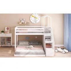 White Twin over Full Bunk Bed with Staircase and Shelves, Wood Kids Bunk Bed Frame with 2 Drawers and House Roof by ANBAZAR -ANBAZAR Sales white anbazar bunk beds 01048anna k 31 1000