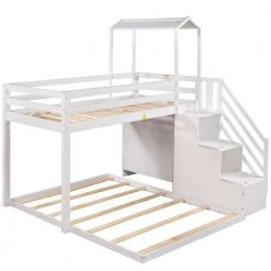 White Twin over Full Bunk Bed with Staircase and Shelves, Wood Kids Bunk Bed Frame with 2 Drawers and House Roof by ANBAZAR -ANBAZAR Sales white anbazar bunk beds 01048anna k 44 1000