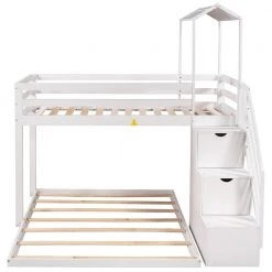 White Twin over Full Bunk Bed with Staircase and Shelves, Wood Kids Bunk Bed Frame with 2 Drawers and House Roof by ANBAZAR -ANBAZAR Sales white anbazar bunk beds 01048anna k 4f 1000