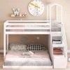White Twin over Full Bunk Bed with Staircase and Shelves, Wood Kids Bunk Bed Frame with 2 Drawers and House Roof by ANBAZAR