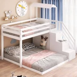 White Twin over Full Bunk Bed with Staircase and Shelves, Wood Kids Bunk Bed Frame with 2 Drawers and House Roof by ANBAZAR -ANBAZAR Sales white anbazar bunk beds 01048anna k c3 1000