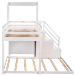 White Twin over Full Bunk Bed with Staircase and Shelves, Wood Kids Bunk Bed Frame with 2 Drawers and House Roof by ANBAZAR -ANBAZAR Sales white anbazar bunk beds 01048anna k fa 1000