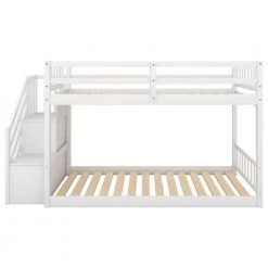 White Low Bunk Beds for Kids and Toddlers, Wood Twin Bunk Beds, Floor Bunk Beds with Storage Shelf and Stairs by ANBAZAR