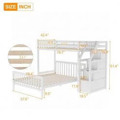 White Detachable L-Shaped Bunk Beds with Storage Stairs, Wood Twin Loft Bed with FulL Platform Bed Frame and Staicases by ANBAZAR -ANBAZAR Sales white anbazar bunk beds 01062anna k 1f 1000