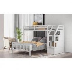 White Detachable L-Shaped Bunk Beds with Storage Stairs, Wood Twin Loft Bed with FulL Platform Bed Frame and Staicases by ANBAZAR -ANBAZAR Sales white anbazar bunk beds 01062anna k 31 1000