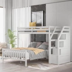 White Detachable L-Shaped Bunk Beds with Storage Stairs, Wood Twin Loft Bed with FulL Platform Bed Frame and Staicases by ANBAZAR -ANBAZAR Sales white anbazar bunk beds 01062anna k 4f 1000