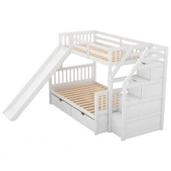 White Twin Over Full Bunk Bed Frame with Slide and Staircases, Wooden Kids Bunk Bed Frame with 2 Storage Drawers by ANBAZAR -ANBAZAR Sales white anbazar bunk beds 01064anna k 1f 1000