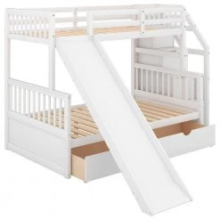 White Twin Over Full Bunk Bed Frame with Slide and Staircases, Wooden Kids Bunk Bed Frame with 2 Storage Drawers by ANBAZAR -ANBAZAR Sales white anbazar bunk beds 01064anna k 44 1000