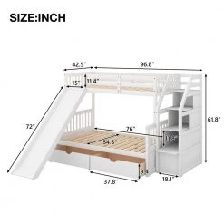 White Twin Over Full Bunk Bed Frame with Slide and Staircases, Wooden Kids Bunk Bed Frame with 2 Storage Drawers by ANBAZAR -ANBAZAR Sales white anbazar bunk beds 01064anna k 4f 1000