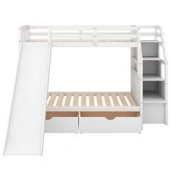 White Twin Over Full Bunk Bed Frame with Slide and Staircases, Wooden Kids Bunk Bed Frame with 2 Storage Drawers by ANBAZAR