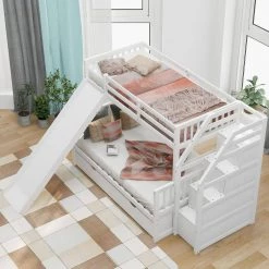 White Twin Over Full Bunk Bed Frame with Slide and Staircases, Wooden Kids Bunk Bed Frame with 2 Storage Drawers by ANBAZAR -ANBAZAR Sales white anbazar bunk beds 01064anna k c3 1000