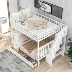White Full Over Full Bunk Beds with 2 Drawers, Detachable Wood 2 Kids Bunk Bed Frame with Shelves and Staircases by ANBAZAR -ANBAZAR Sales white anbazar bunk beds 01066anna k 4f 1000