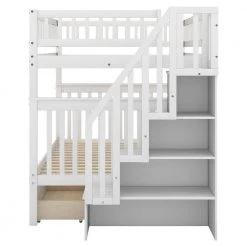 White Full Over Full Bunk Beds with 2 Drawers, Detachable Wood 2 Kids Bunk Bed Frame with Shelves and Staircases by ANBAZAR -ANBAZAR Sales white anbazar bunk beds 01066anna k 76 1000