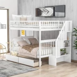White Full Over Full Bunk Beds with 2 Drawers, Detachable Wood 2 Kids Bunk Bed Frame with Shelves and Staircases by ANBAZAR -ANBAZAR Sales white anbazar bunk beds 01066anna k c3 1000