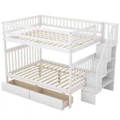 White Full Over Full Bunk Beds with 2 Drawers, Detachable Wood 2 Kids Bunk Bed Frame with Shelves and Staircases by ANBAZAR -ANBAZAR Sales white anbazar bunk beds 01066anna k fa 1000