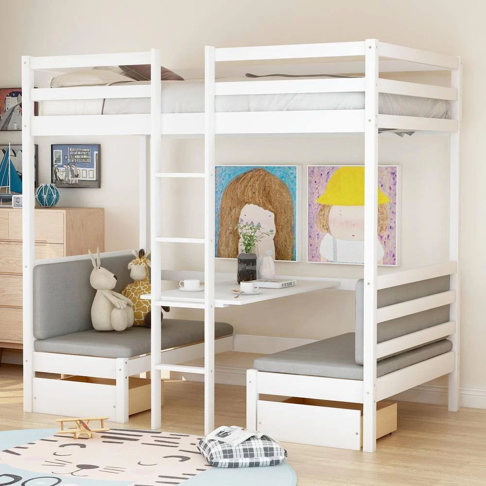 White Twin Over Twin Wood Bunk Bed with 2 Drawers, Convertible Kids Loft Bed Frame with Desk and Storage Drawers by ANBAZAR 9 White Twin Over Twin Wood Bunk Bed with 2 Drawers, Convertible Kids Loft Bed Frame with Desk and Storage Drawers by ANBAZAR - Image 9