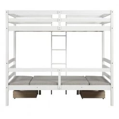 White Twin Over Twin Wood Bunk Bed with 2 Drawers, Convertible Kids Loft Bed Frame with Desk and Storage Drawers by ANBAZAR
