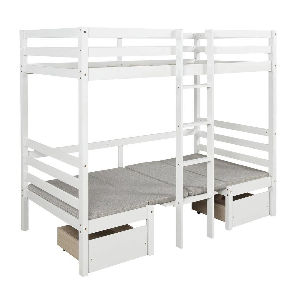 White Twin Over Twin Wood Bunk Bed with 2 Drawers, Convertible Kids Loft Bed Frame with Desk and Storage Drawers by ANBAZAR 3 White Twin Over Twin Wood Bunk Bed with 2 Drawers, Convertible Kids Loft Bed Frame with Desk and Storage Drawers by ANBAZAR - Image 3