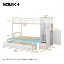 White Twin Over Full Bunk Bed With Shelves and Drawers, Wood Bunk Beds for Kids, Bunk Bed with Convertible Bottom Bed by ANBAZAR -ANBAZAR Sales white anbazar bunk beds 01072anna k 1f 1000