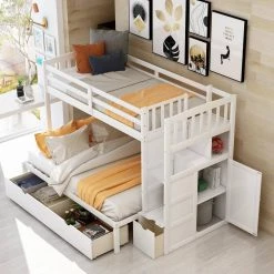 White Twin Over Full Bunk Bed With Shelves and Drawers, Wood Bunk Beds for Kids, Bunk Bed with Convertible Bottom Bed by ANBAZAR -ANBAZAR Sales white anbazar bunk beds 01072anna k 31 1000