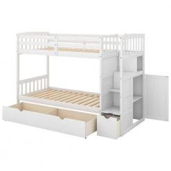 White Twin Over Full Bunk Bed With Shelves and Drawers, Wood Bunk Beds for Kids, Bunk Bed with Convertible Bottom Bed by ANBAZAR -ANBAZAR Sales white anbazar bunk beds 01072anna k 44 1000