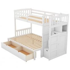 White Twin Over Full Bunk Bed With Shelves and Drawers, Wood Bunk Beds for Kids, Bunk Bed with Convertible Bottom Bed by ANBAZAR