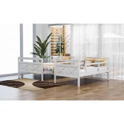 White Twin Over Full Bunk Bed with Ladder and Safety Guardrail, Detachable Wood 2 Kids Bunk Bed Frame by ANBAZAR -ANBAZAR Sales white anbazar bunk beds 01074anna k 31 1000