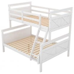 White Twin Over Full Bunk Bed with Ladder and Safety Guardrail, Detachable Wood 2 Kids Bunk Bed Frame by ANBAZAR