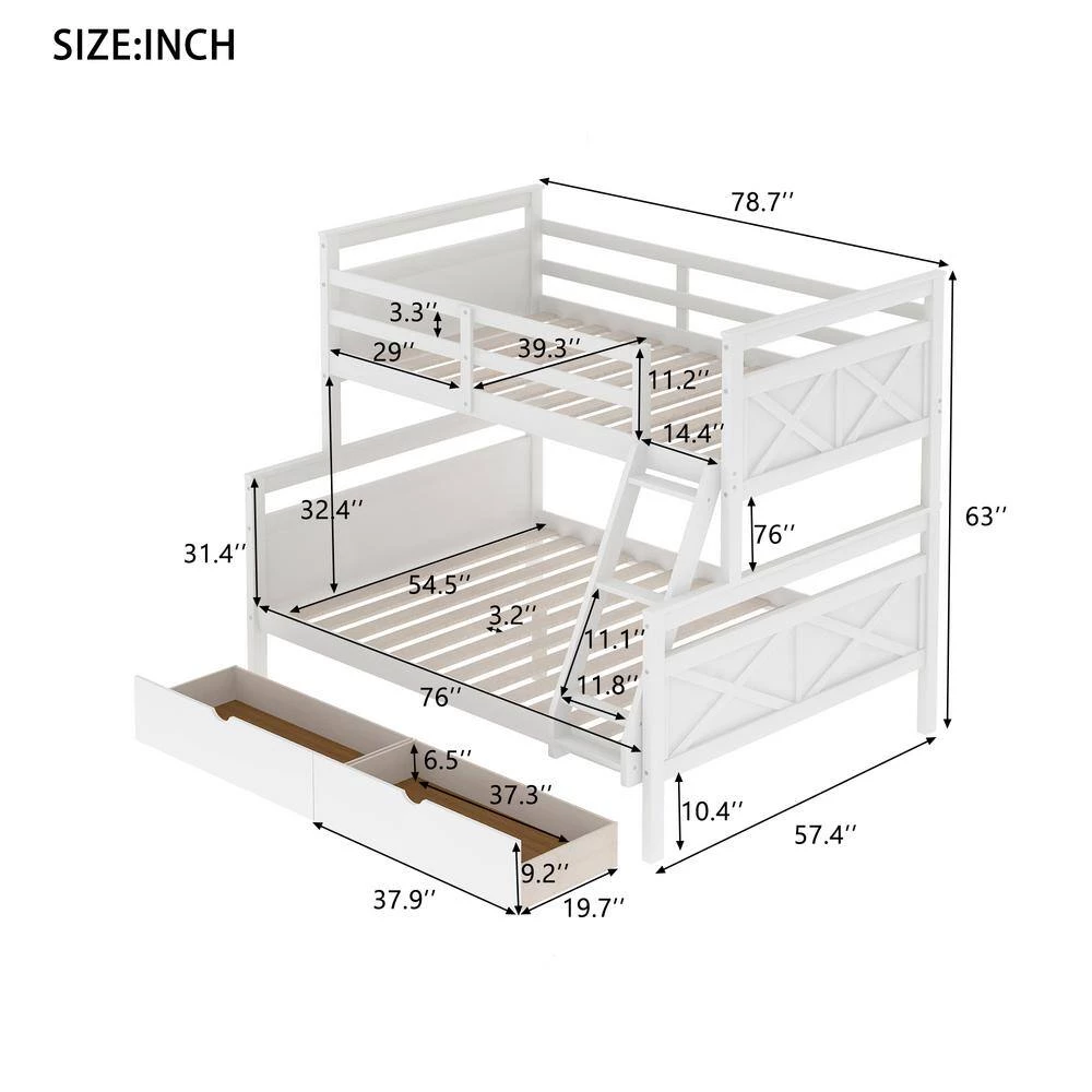 White Twin Over Full Bunk Bed with Two Storage Drawers and Ladder, Convertible Wood Kids Bunk Bed with Saferail by ANBAZAR 5 White Twin Over Full Bunk Bed with Two Storage Drawers and Ladder, Convertible Wood Kids Bunk Bed with Saferail by ANBAZAR - Image 5