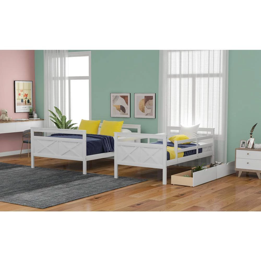 White Twin Over Full Bunk Bed with Two Storage Drawers and Ladder, Convertible Wood Kids Bunk Bed with Saferail by ANBAZAR 9 White Twin Over Full Bunk Bed with Two Storage Drawers and Ladder, Convertible Wood Kids Bunk Bed with Saferail by ANBAZAR - Image 9