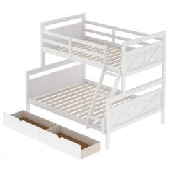 White Twin Over Full Bunk Bed with Two Storage Drawers and Ladder, Convertible Wood Kids Bunk Bed with Saferail by ANBAZAR