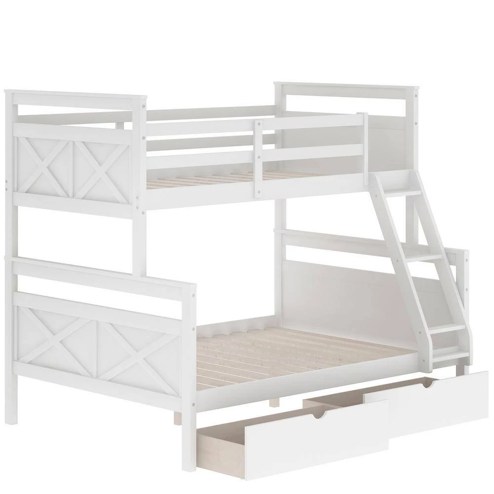 White Twin Over Full Bunk Bed with Two Storage Drawers and Ladder, Convertible Wood Kids Bunk Bed with Saferail by ANBAZAR 7 White Twin Over Full Bunk Bed with Two Storage Drawers and Ladder, Convertible Wood Kids Bunk Bed with Saferail by ANBAZAR - Image 7