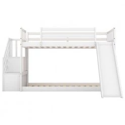 White Low Twin Over Twin Kids Bunk Bed with Staircases, Wood Floor Twin Bunk Bed Frame with Storage Stairway and Slide by ANBAZAR -ANBAZAR Sales white anbazar bunk beds 01080anna k 44 1000