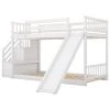 White Low Twin Over Twin Kids Bunk Bed with Staircases, Wood Floor Twin Bunk Bed Frame with Storage Stairway and Slide by ANBAZAR