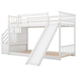 White Low Twin Over Twin Kids Bunk Bed with Staircases, Wood Floor Twin Bunk Bed Frame with Storage Stairway and Slide by ANBAZAR