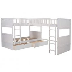 White L-Shaped Twin Size Triple Bunk Bed with 2 Drawers for 3 Kids, Wood Twin Size Bunk Bed with Attached Twin Loft Bed by ANBAZAR