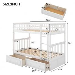 White Wood Twin Over Twin Bunk Beds with 2 Drawers, Detachable 2 Kids Bunk Bed Frame with Ladder and Safety Rail by ANBAZAR 13 White Wood Twin Over Twin Bunk Beds with 2 Drawers, Detachable 2 Kids Bunk Bed Frame with Ladder and Safety Rail by ANBAZAR -ANBAZAR Sales white anbazar bunk beds 01088anna k 1f 1000