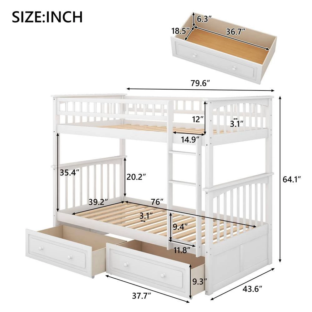 White Wood Twin Over Twin Bunk Beds with 2 Drawers, Detachable 2 Kids Bunk Bed Frame with Ladder and Safety Rail by ANBAZAR 5 White Wood Twin Over Twin Bunk Beds with 2 Drawers, Detachable 2 Kids Bunk Bed Frame with Ladder and Safety Rail by ANBAZAR - Image 5