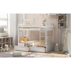 White Wood Twin Over Twin Bunk Beds with 2 Drawers, Detachable 2 Kids Bunk Bed Frame with Ladder and Safety Rail by ANBAZAR 17 White Wood Twin Over Twin Bunk Beds with 2 Drawers, Detachable 2 Kids Bunk Bed Frame with Ladder and Safety Rail by ANBAZAR -ANBAZAR Sales white anbazar bunk beds 01088anna k 31 1000