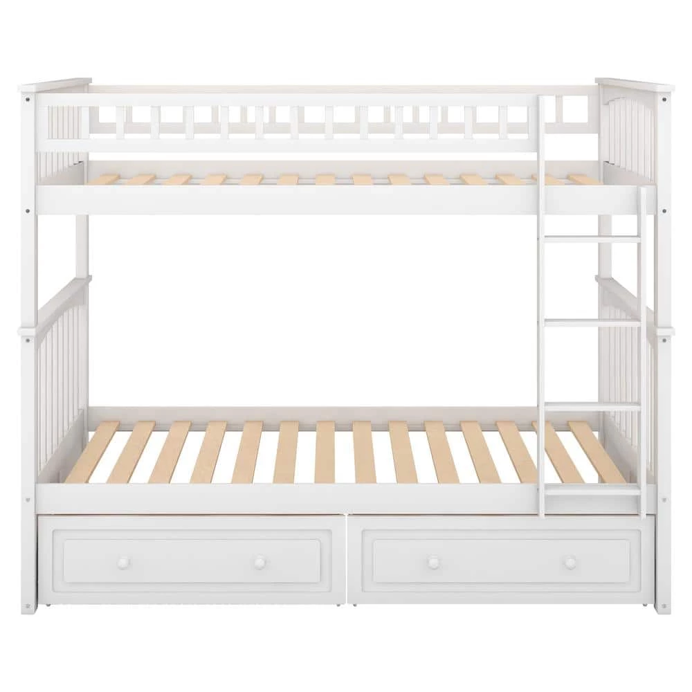 White Wood Twin Over Twin Bunk Beds with 2 Drawers, Detachable 2 Kids Bunk Bed Frame with Ladder and Safety Rail by ANBAZAR 6 White Wood Twin Over Twin Bunk Beds with 2 Drawers, Detachable 2 Kids Bunk Bed Frame with Ladder and Safety Rail by ANBAZAR - Image 6
