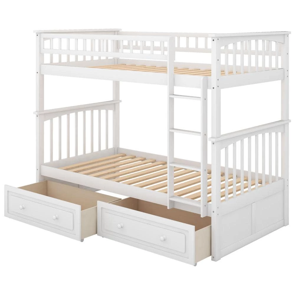 White Wood Twin Over Twin Bunk Beds with 2 Drawers, Detachable 2 Kids Bunk Bed Frame with Ladder and Safety Rail by ANBAZAR 1 White Wood Twin Over Twin Bunk Beds with 2 Drawers, Detachable 2 Kids Bunk Bed Frame with Ladder and Safety Rail by ANBAZAR