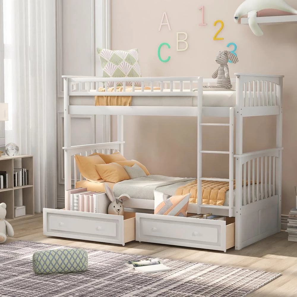 White Wood Twin Over Twin Bunk Beds with 2 Drawers, Detachable 2 Kids Bunk Bed Frame with Ladder and Safety Rail by ANBAZAR 3 White Wood Twin Over Twin Bunk Beds with 2 Drawers, Detachable 2 Kids Bunk Bed Frame with Ladder and Safety Rail by ANBAZAR - Image 3